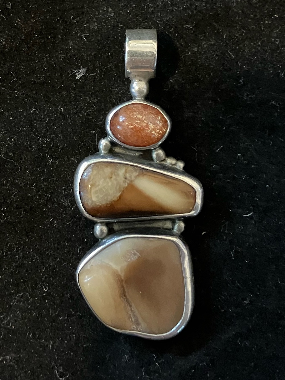 Vintage Navajo Sterling Silver Brown Agate and Sunstone Pendant- Art Acoya